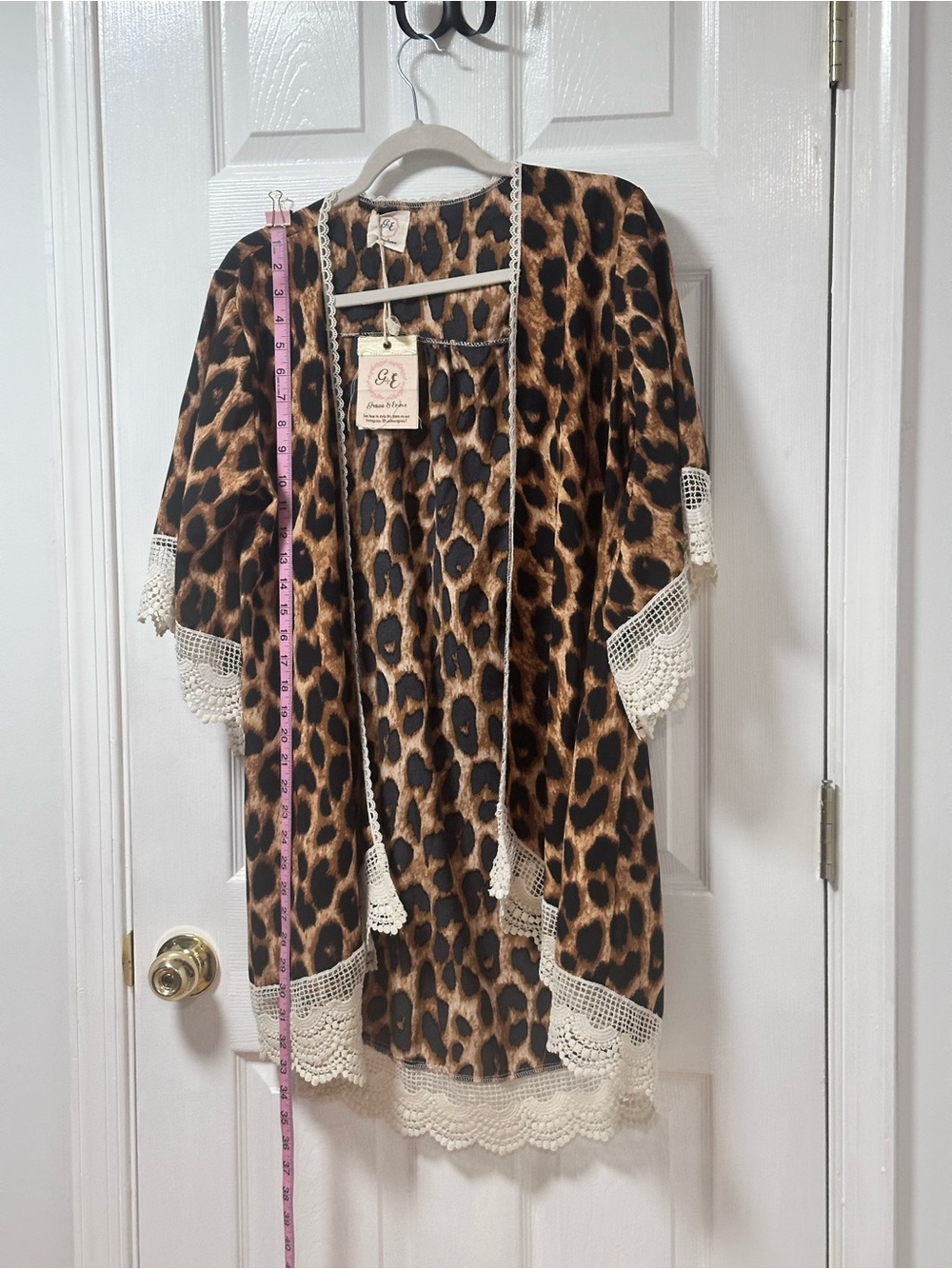 A Classy Chic Boutique Leopard Kimono Cardigan with Lace Trim - Brown & Black